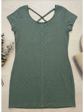No Boundaries Sage Green Ribbed Mini Dress - Size XXL- Y2K Faux Button Front